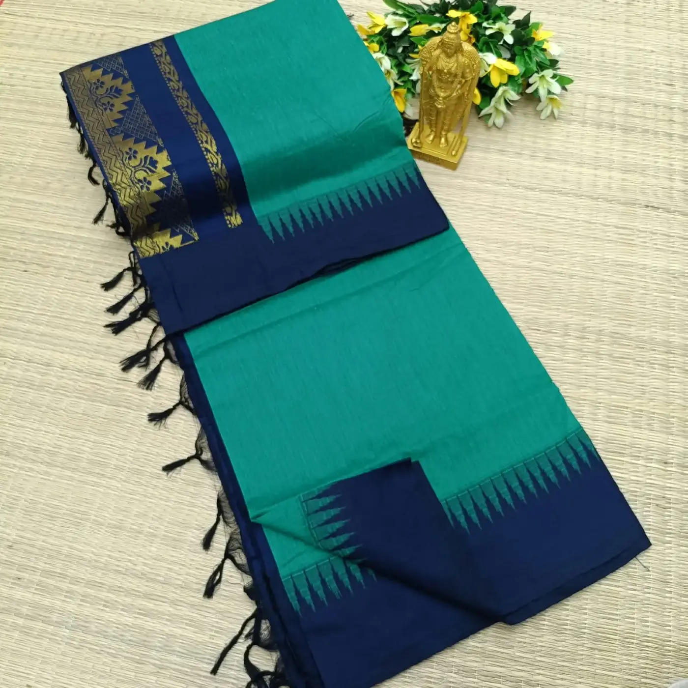 Teal Blue Zari Temple Border Kalyani Cotton Saree